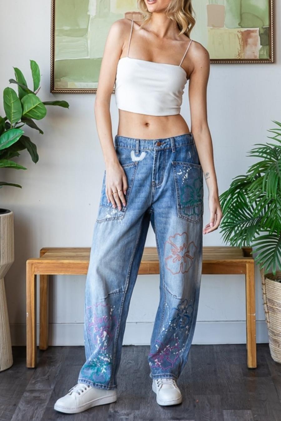 O&H Artistic Flower Embroidered Washed Denim Jeans