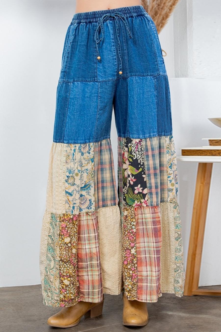 Bohemian Charm Tiered Patchwork Denim Pants