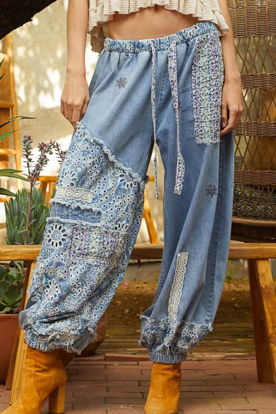 POL Floral Ocean Patchwork Twill Pants