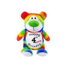 Load image into Gallery viewer, Rainbow striped bear with white belly, snout, and feet. Comes with &quot;Happy 4th Birthday&quot; in black text and a child&#39;s name in red text on belly
