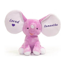 Load image into Gallery viewer, Lavender elephant with big ears and a child&#39;s first name in purple text on one ear and &quot;Loved&quot; with a small heart on other ear in purple text
