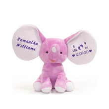 Load image into Gallery viewer, Lavender elephant with big ears and a child&#39;s first and last name in purple text on one ear and a child&#39;s birth weight and birthdate on other ear in purple text
