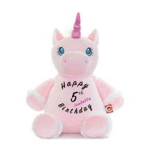 Load image into Gallery viewer, Light pink unicorn with blue eyes, hot pink shimmer horn, white fur cuffs on feet, &quot;Happy 5th Birthday&quot; in black text with a child&#39;s name in hot pink text on belly
