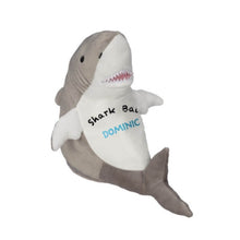 Load image into Gallery viewer, Mini realistic great white shark with Shark Bait in black text and a child&#39;s name in light blue text across belly
