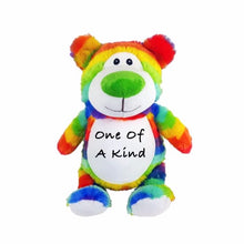 Load image into Gallery viewer, Rainbow striped bear with white belly, snout, and feet. Comes with &quot;One Of A Kind&quot; in black text on belly
