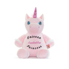 Load image into Gallery viewer, Light pink unicorn with blue eyes, hot pink shimmer horn, white fur cuffs on feet, Unicorn Princess in black text, and a child&#39;s name in hot pink text on belly
