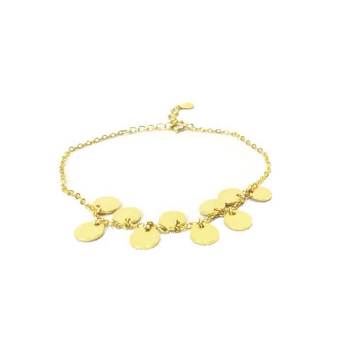 Thin gold chain bracelet with 10 mini disk pendants and lobster clasp closure.