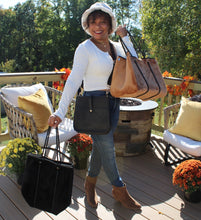 Load image into Gallery viewer, Model showing Large Black Velvet Tote Bag, Large Brown Velvet Tote Bag, &amp; Black Vegan-leather hand bag.
