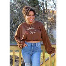 Load image into Gallery viewer, front view of brown &quot;Spice Girl&quot; sweatshirt with ballon sleeves and light wash distressed jeans
