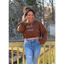 Load image into Gallery viewer, front view of brown &quot;Spice Girl&quot; sweatshirt with ballon sleeves and light wash distressed jeans
