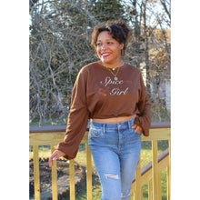 Load image into Gallery viewer, front view of brown &quot;Spice Girl&quot; sweatshirt with ballon sleeves and light wash distressed jeans
