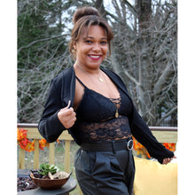 Load image into Gallery viewer, side view of cropped blazer jacket with lace cami and vegan leather pleated pants
