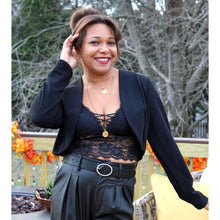 Load image into Gallery viewer, front view of cropped blazer jacket with lace cami and vegan leather pleated pants
