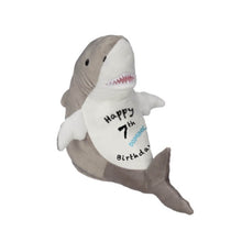 Load image into Gallery viewer, Mini realistic great white shark with &quot;Happy 7th Birthday&quot; in black text and a child&#39;s name in light blue text across belly
