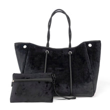 Load image into Gallery viewer, Black velvet tote bag completely expanded and matching wristlet.
