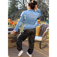 Load image into Gallery viewer, back view of black faux leather joggers 
