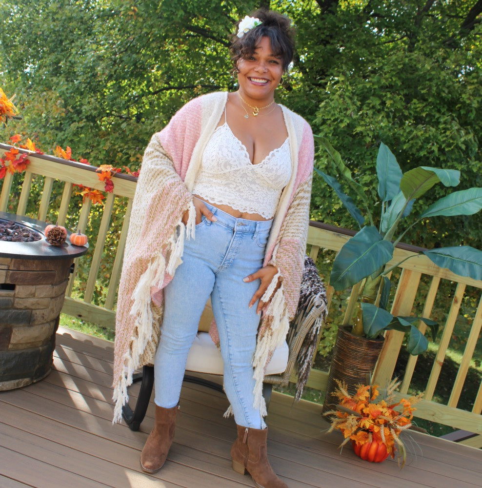 Cream, light pink, & light brown color blocked & striped, soft sweater textured kimono.