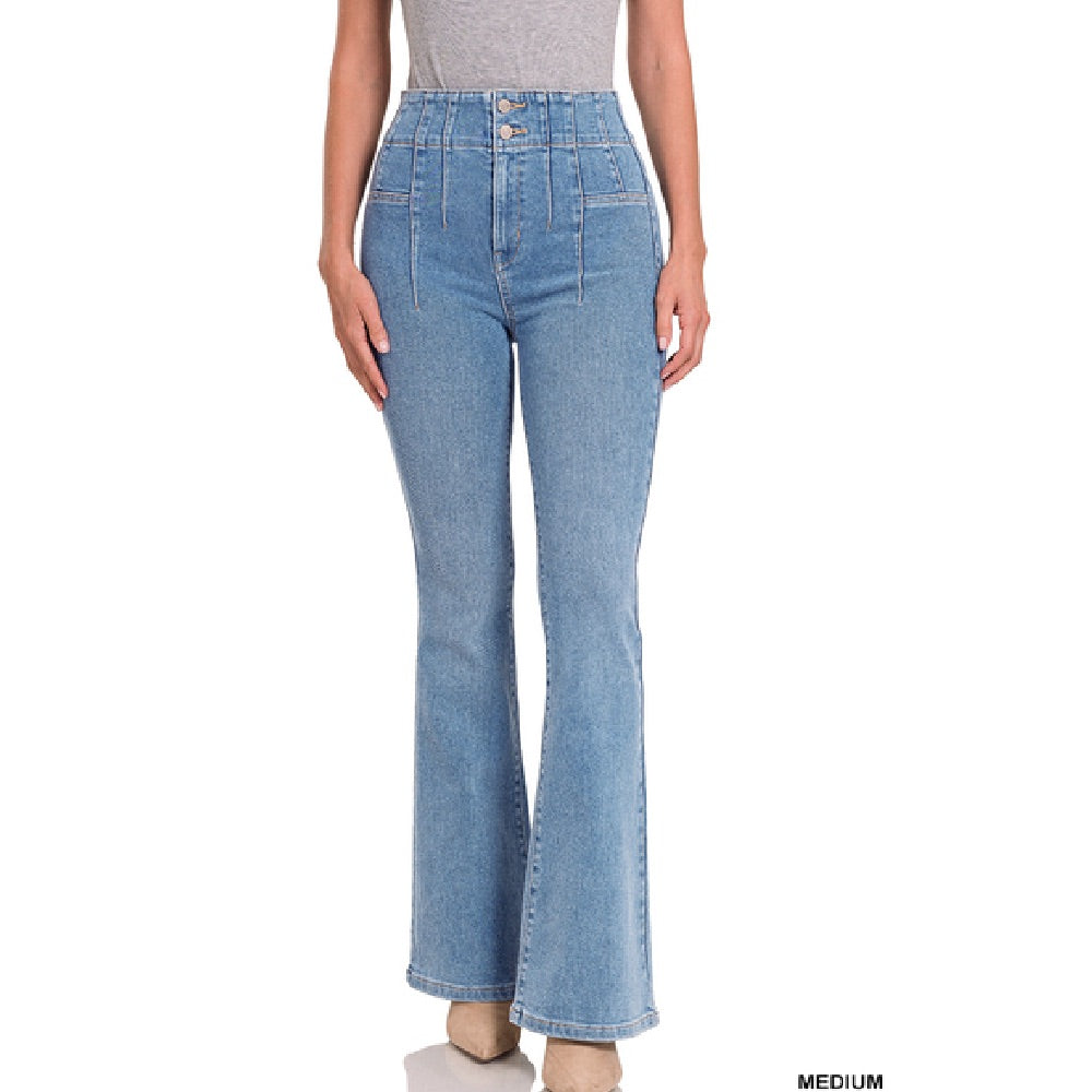 Pintuck Flare Denim Jeans