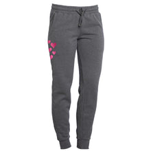 Load image into Gallery viewer, Dark grey sweatpants with metallic hot pink heart design on right pant upper thigh.
