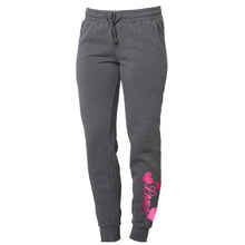 Load image into Gallery viewer, Dark grey sweatpants with metallic hot pink Love and hearts decal on bottom left pant leg.
