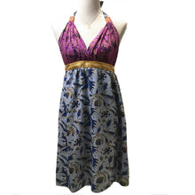 Load image into Gallery viewer, Purple and Blue Halter Style Empire Waistband Patchwork Dress With Asian Phoenix Pattern
