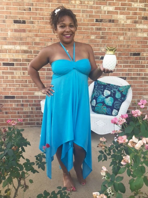 5'1 Model Wearing Caribbean Blue Crinkle Fabric Halter Style Dress