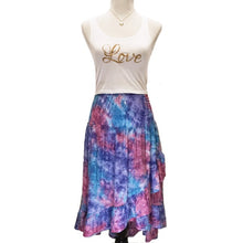 Load image into Gallery viewer, Lavender, Blue, &amp; Pink Tie-Dye &quot;Coral Swirl&quot; Convertible Dress/Skirt With Large Ruffle (Skirt with White &quot;Love&quot; Tight Fitting Cropped Tank Top)
