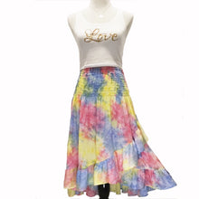 Load image into Gallery viewer, Light Yellow, Blue, &amp; Pink Tie-Dyed &quot;Cotton Candy Swirl&quot; Convertible Dress/Skirt With Large Ruffle (Skirt With White &quot;Love&quot; Tight Fitting Cropped Tank)
