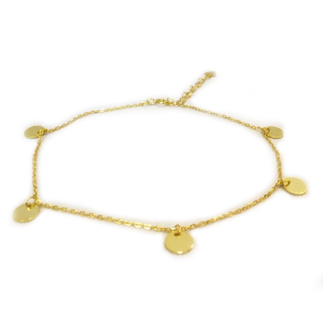 Gold anklet with adjustable extender chain and 5 small flat gold disks