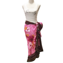 Load image into Gallery viewer, Pink &quot;Floral Paradise&quot; Sarong With Assorted Flower Pattern, Unique Black Border, and Pink Fringe Paired With White Serenity Tight Fitting Tank
