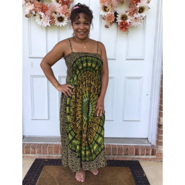 5'1 Model Wearing Gold and Green Mandala Dress With Hammered Medallion Necklace