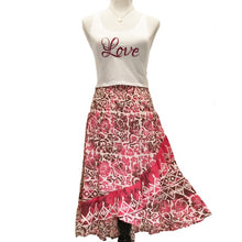 Load image into Gallery viewer, &quot;Hawaiian Blooms&quot; Beige, Pink, and Burgundy Hawaiian Floral Design Convertible Dress/Skirt With Large Ruffle Paired With White &quot;Love&quot; Tight Fitting Cropped Tank
