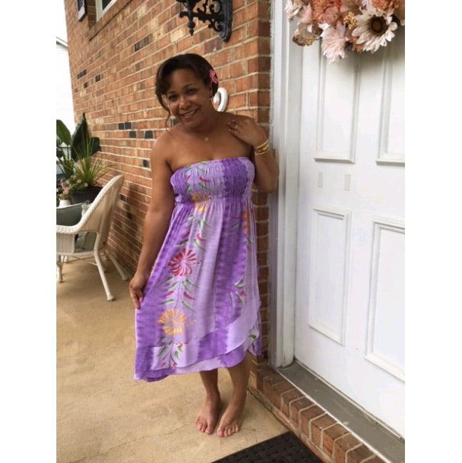 5'1 Model Wearing Lavender & Lilacs Strapless Convertible Dress/Skirt as Dress