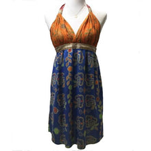 Load image into Gallery viewer, Orange and Blue Floral Design Patchwork Knee-Length Halter Style Bali Dress
