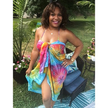 Load image into Gallery viewer, 5&#39;1 Model Wearing Pastel Rainbow Embroidered Sarong as Strapless Cover-Up Dress
