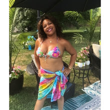 Load image into Gallery viewer, 5&#39;1 Model Wearing Pastel Rainbow Embroidered Sarong as Swimsuit Skirt Cover-Up
