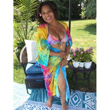 Load image into Gallery viewer, 5&#39;1 Model Wearing Pastel Rainbow Embroidered Sarong as Beach Cover-Up Kimono
