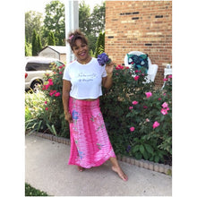 Load image into Gallery viewer, Model Wearing Pink Floral Strapless Convertible Dress/Skirt as Skirt Paired With Holographic Serenity, Love, &amp; Laughter Cropped Tee
