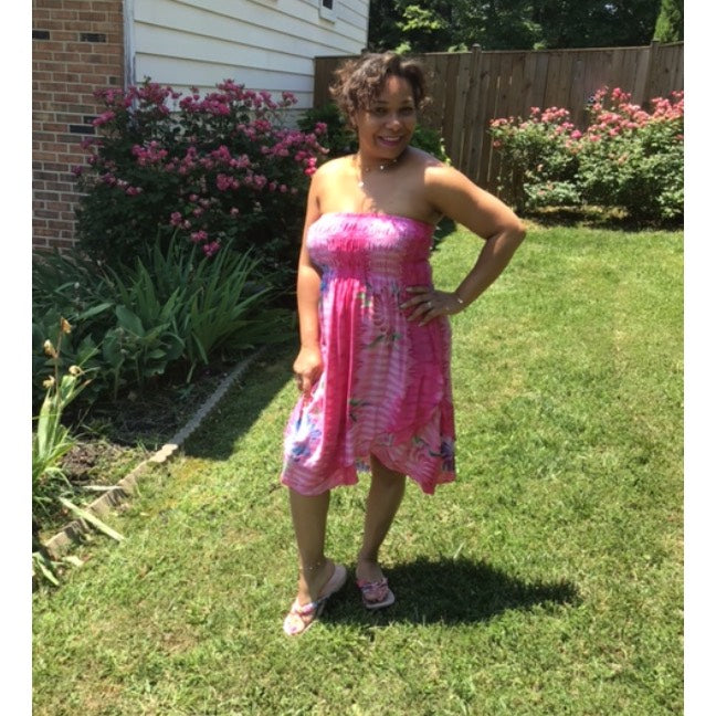 Model Wearing Pink Floral Strapless Convertible Dress/Skirt as Dress With Bali Choker