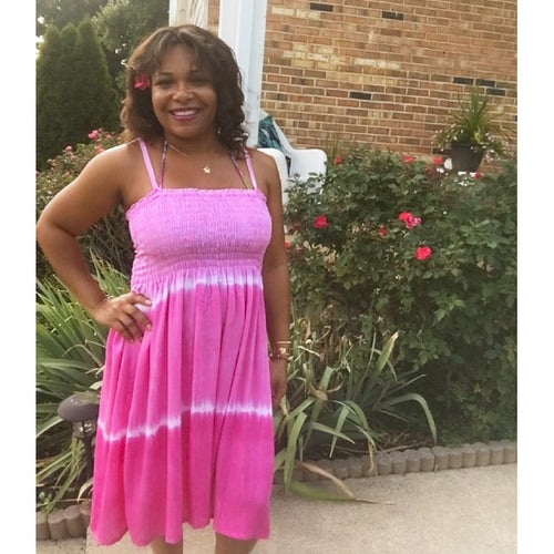 Model Wearing Pink Sunshine Sundress With Heart Chain Choker Necklace