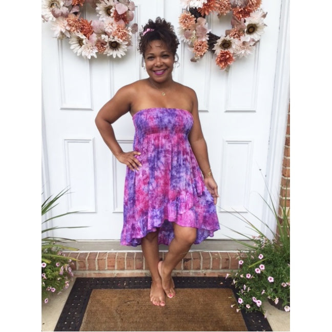 Model Wearing Purple Coral Convertible Dress/Skirt as Dress