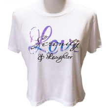 Load image into Gallery viewer, White flowy cropped tee with holographic and black text as mentioned above.
