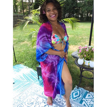 Load image into Gallery viewer, 5&#39;1 Model wearing Dreamy Tropics Embroidered Sarong As Beach Kimono Cover-Up
