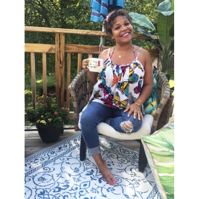 Model Wearing White Rainbow Butterfly Camisole Top With Mug